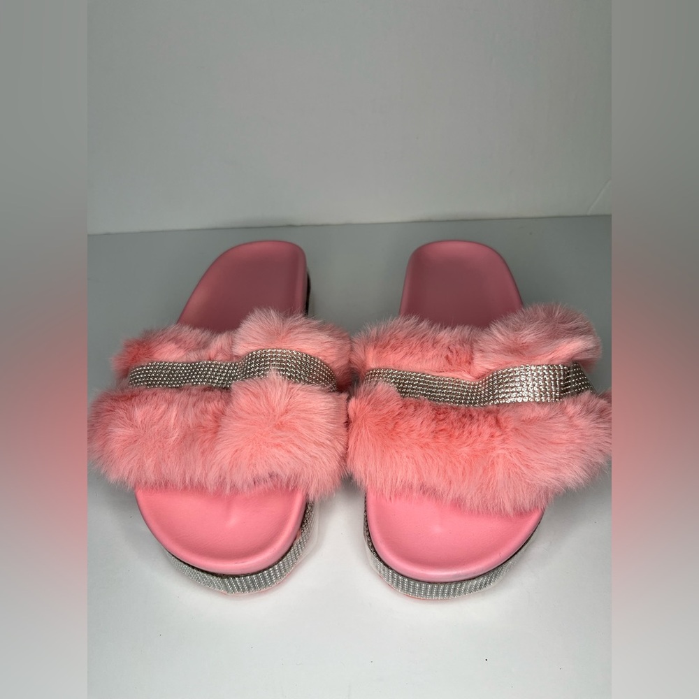 Faux Fur Wedges Crystal Slides Women's Sandals Fur Slippers Rhinestone Sandals 7